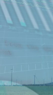 Rüzgar türbinleri üzerinde veri işleme animasyonu. küresel iş ve dijital arayüz kavramı dijital olarak oluşturulmuş video.
