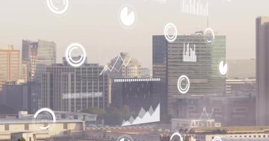 İlerleme grafiği yükselen pazar eğilimlerini görselleştirmek için kayan ufuk çizgisi verilerini tetikler. Gökdelenler, veri görselleştirme, bilgi grafikleri, şehir manzarası, dijital simgeler, analitik, modern mimari