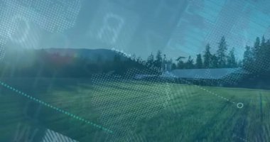 Güneş ışığı alanı, ambarın üstündeki gerçek zamanlı küresel veri akışlarını gösteren dijital kaplama animasyonunu başlatıyor. Kırsal, peyzaj, veri görselleştirme, teknoloji, analitik, doğal, geleceksel