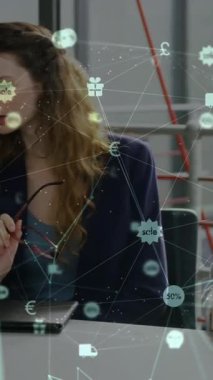 Animation of network with connections and data processing over diverse business people. Global connections, business, finance, computing and data processing concept digitally generated video.