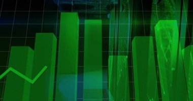Şebeke düzlemi ortaya çıktıktan sonra, 3 boyutlu yeşil çubuklar ortaya çıkıyor ve trend çizgisi verileri görüntülüyor. Soyut, veri, analitik, gösterge paneli, finans, ilerleme, modern