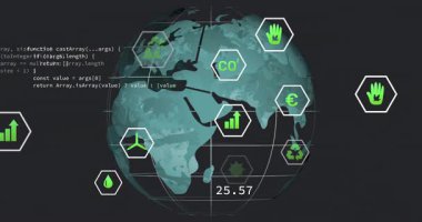 Kod parçacıkları zayıflıyor, küresel ölçümleri görselleştirmek için dönen, ölçümleri güncelleyen simgeler ortaya çıkıyor. Küresel, teknoloji, yenilik, veri, gelecek, analitik, dijital