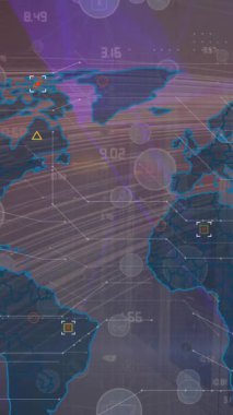 Simgelerle bağlantı ağı üzerinden veri işleme ile dünya haritasının animasyonu. Küresel teknoloji, bilgisayar ve dijital arayüz kavramı dijital olarak oluşturulmuş video.