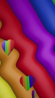 Gökkuşağı çizgileri üzerinde gökkuşağı kalplerinin animasyonu ve kusursuz döngü üzerinde hareket eden renkler. Gurur ayı, lgbtq, insan hakları ve eşitlik kavramı dijital olarak oluşturulmuş video.