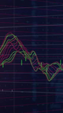Digital animation of statistical and stock market data processing against blue background. Global economy and business technology concept