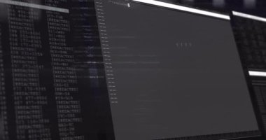 Karanlık panel kayıyor, kodları dolduruyor. İkili sistem, dijital çalışma alanını görselleştiriyor. Siber güvenlik, dijital, modern, teknoloji, programlama, veri, arayüz
