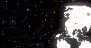 Dijital sahne yüklendikten sonra, stilize edilmiş küre dönerek veri akışını temsil eden kod bitleri yayar. Teknoloji, siber, geleceksel, veri, dijital, ağ, bağlantı