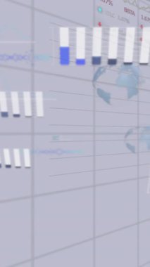 Finansal veri işleme animasyonu ve ışık arkaplanı üzerindeki istatistikler. Dijital olarak oluşturulmuş küresel istatistik, bilgisayar ve veri işleme kavramı.