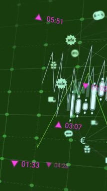 Simgelerle bağlantı ağı üzerinden finansal veri işleme animasyonu. Küresel finans, iş, bağlantılar, hesaplama ve veri işleme kavramı dijital olarak oluşturulmuş video.