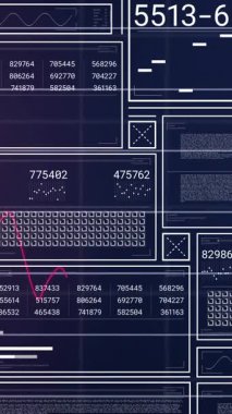Ekranlarda finansal veri işleme animasyonu. Küresel seyahat, finans, iş, bağlantılar, hesaplama ve veri işleme kavramı dijital olarak oluşturuldu.