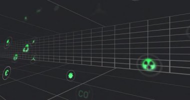 Yeşil simgeler 3 boyutlu tünelde ortaya çıkıyor ve sürükleniyor, kümeleniyor ve enerji çevre sembollerini gösteriyor. Sürdürülebilirlik, yenilenebilirlik, yenilik, teknoloji, fütüristik, nöral, çevre dostu