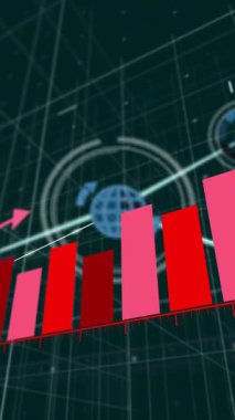 Yükselen çubuk şeması ve yukarı doğru ok animasyonu dijital şebeke arkaplanı üzerinde. Büyüme, ilerleme, başarı, grafik, artış, iş