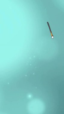 Işık lekeli mavi arka plana düşen göz farı makyaj fırçalarının animasyonu. Moda, güzellik, makyaj, sosyal medya, dijital arayüz ve iletişim arka planı, dijital olarak oluşturulmuş video.