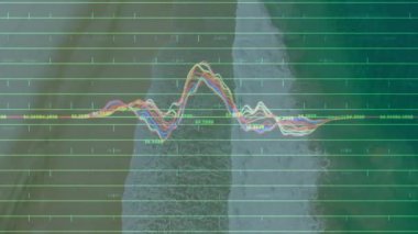 Çok renkli dalga formu grafiği kıyı üzerinde dalgalar yaratıyor, tepeleri değiştiriyor, sörf eğilimlerini temsil ediyor. Veri görselleştirme, okyanus manzarası, soyut tasarım, dijital sanat, çevresel grafikler, spektrogram, ritmik desen