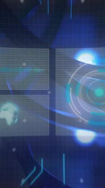 Animation of globe, data processing over digital grid. Global online security, business, finance, computing and data processing concept digitally generated video.