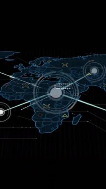 Dünya haritası üzerinde iletişim ağı ve veri işleme animasyonları. Bağlantı, veri, iş, dijital arayüz ve küresel iletişim, dijital olarak oluşturulmuş video.