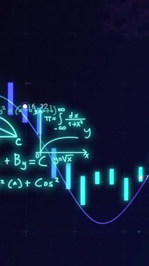Animation of mathematical equations over data processing on blue background. Global business and digital interface concept digitally generated video.