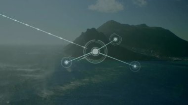 Kıyı şeridi üzerinde hava görüntüsü açılıyor. Sonra da şebeke üzerinde genişleyen düğüm ve çizgiler haritalandırılıyor. Drone, topoğrafya, bağlantı, dijital, görselleştirme, manzara, teknoloji