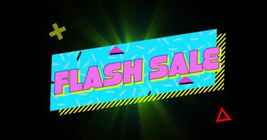 Başlangıçta Cyan paneli zayıflıyor, FLASH SALE metin kaydırması ve satışı hızlandıran yüzükler. Neon, graphic, enerjik, promosyon, soyut, hareket, kutlama