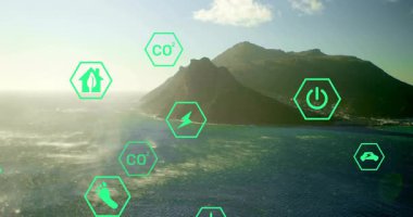 Havadan bakıldığında, ikonlar kayboluyor ve sürdürülebilir enerji gösteren dağ adaları üzerinde sürükleniyorlar. Çevre, yenilenebilir, veri görselleştirme, teknoloji, koruma, doğa, çevre dostu