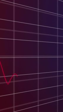 Mor gradyan arka plana karşı ızgara ağı üzerinden istatistiksel veri işleme animasyonu. Bilgisayar arayüzü ve iş veri teknolojisi kavramı