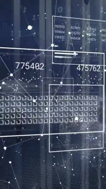 Veri işleme ve bilgisayar sunucu odası ile bağlantı ağının animasyonu. Bilgisayar arayüzü ve iş veri depolama teknolojisi kavramı