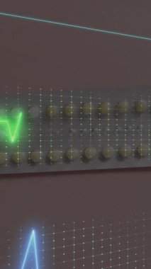 Hap yerine veri ve kardiyografların animasyonu. Teknoloji, tıp ve dijital arayüz kavramı dijital olarak oluşturulmuş video.