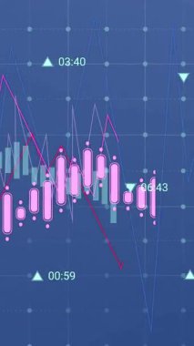 Animation of financial data processing over blue background. Global business, finances, computing and data processing concept digitally generated video.