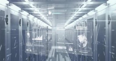 Veri panelleri veri akışını sunucu koridorunda gösterirken grafikler oluşturur ve canlandırır. Teknoloji, analitik, fütüristik, dijital, yenilik, siber güvenlik, görselleştirme