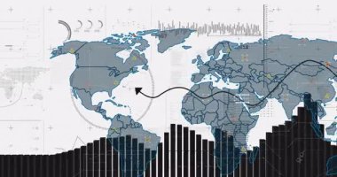 Harita açma çubukları yükseliyor, sinir dalgaları süpürülüyor ve işaretleyiciler veri eğilimlerini görselleştiriyor. Küresel, analitik, bilgi, teknoloji, dijital, fütüristik, grafik