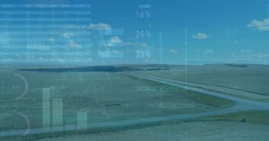 Hava yolu görüntüsü başlatılıyor, veri katmanları soluyor, kayıyor ve gösterge paneli oluşturmak için çiziyor. İnsansız hava aracı, analitik, görselleştirme, yenilik, teknoloji, açık hava, fütüristik