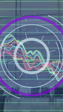 Animation of round scanner and financial data processing over time-lapse of people walking at office. Global finance and business technology concept