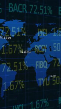 İstatistiklerin ve sayıların animasyonu, dünya haritası üzerinde finansal veri işleme. küresel finansman, iş dünyası, dijital arayüz ve teknoloji konsepti dijital olarak oluşturulmuş video.