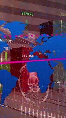 Finansal ve istatistiksel veri işleme animasyonunun dünya haritasında gri arka planla karşılaştırılması. Küresel finans ve iş veri teknolojisi kavramı