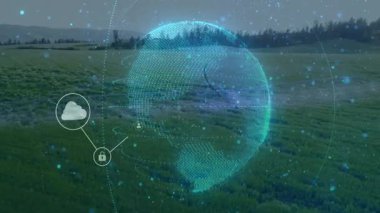 Dünya 'nın düz yüzeyde ortaya çıkışını gösteren animasyonlar, veri akışını gösteren ve birleştiren simgeler. Tel çerçeve, bağlantı, teknoloji, dijital, ağ, yenilik, gelecekçi