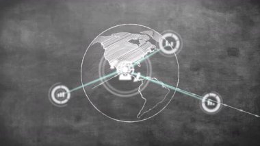 Merkezde ortaya çıkan daireler üzerine, ağ büyümesi için düğümleri birleştiren dönen dünya resmi çiziliyor. Dijital, bağlantı, soyut, teknoloji, yenilik, veri, ağ