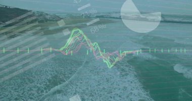 Hava gösterimi şebeke etiketleri ile dalga biçimi animasyonu başlatılıyor. Pasta çubukları dünya haritası sonra soluyor. Veri görselleştirme, bilgi grafikleri, analitik, dijital grafikler, hareket grafikleri, bilgi tasarımı, okyanus görünümü