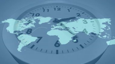 Zaman akışını görselleştirerek, harita üzerinde iz süren halkaları atarken, dakika elini saat yönünde hareket ettirmeye başla. Horoloji, küresel, bağlantı, veri görselleştirme, teknoloji, yenilik, soyutlama