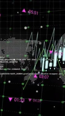 Dönen dünya üzerinde veri işleme animasyonu ve kara arka planda dünya haritası. Bilgisayar arayüzü ve iş teknolojisi kavramı