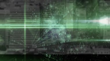 Parlayan ışın dikey çubuk oluşturarak kesişiyor. Rakamlar şebekede dönerek veri akışını gösteriyor. Gelecekçi, siber, teknoloji, veri, görselleştirme, dijital, soyut