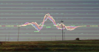 Canlı veri beslemesi renkli dalga boyu örtüşmeye başlarken güç salınımlarını görselleştirmek için yükseliyor ve alçalıyor. Veri görselleştirme, yenilenebilir enerji, soyut, dijital, teknoloji, analitik, çevre