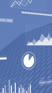 Tarayıcı ve çizelge animasyonları mavi ofis bloğu arka planında veri işliyor. Ağ, veri, bağlantı, iş, dijital arayüz ve küresel iletişim, dijital olarak oluşturulmuş video.