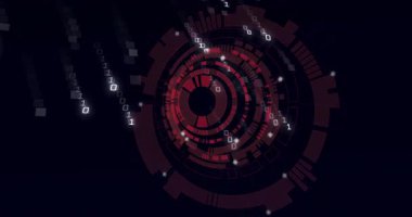 Açılan ekran, çift haneli rakamlar akarken kırmızı halkalar titreşiyor, dönen dijital tünel yaratıyor. Teknoloji, dijital, siber, geleceksel, hareket, veri, soyut