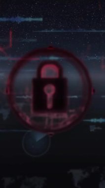 Dijital veri işleme ve karanlık arkaplan üzerindeki asma kilit simgesinin animasyonu. Dijital olarak oluşturulmuş küresel bağlantılar, hesaplama ve veri işleme kavramı.