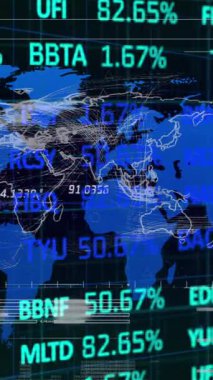 Grafiklerin animasyonu, finansal veriler ve dünya haritası siyah dijital ekranda. Dijital olarak oluşturulmuş küresel veri işleme, finans ve dijital arayüz kavramı.