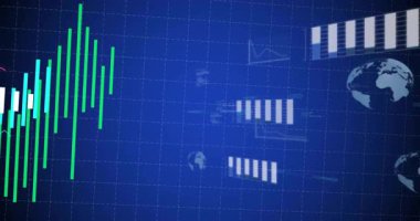 Yükleme grafiğinde, yeşil cyan çubukları yükselirken, kırmızı çizgi salınım eğilimini gösterirken kayıyor. Veri, analitik, istatistik, görselleştirme, gösterge paneli, teknoloji, dijital