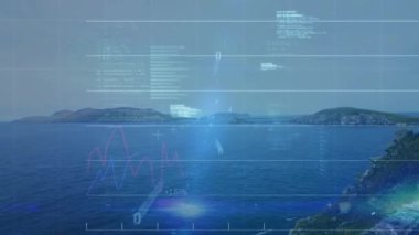 Deniz yüzeyinde veri hatları kayıyor, silindirleri somutlaştırıyor, çizelgeleri tarayıcı ışın altında güncelliyor. Teknoloji, veri görselleştirme, deniz, dijital arayüz, fütüristik, analitik, okyanus