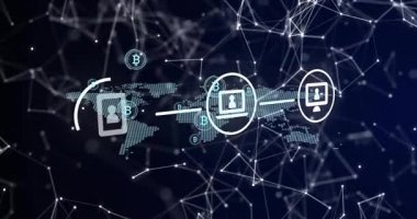 Telefon simgesi göründüğünde ağ aktarımlarını gösteren BTC simgeleri ile bağlanan simgeler. Dijital, bağlantı, fütüristik, teknoloji, finans, engelleme zinciri, akıllı