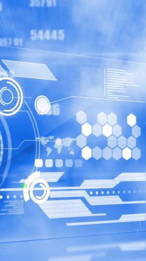 Mavi arkaplanda veri işleme animasyonu. Küresel finans, iş, bağlantılar, hesaplama ve veri işleme kavramı dijital olarak oluşturulmuş video.