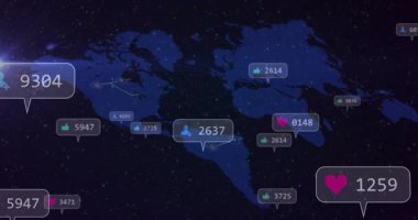 Koyu arkaplanda açılıyor, dünya haritası çağrıları gösteriyor, kaybolan etiketleri canlandırıyor ve ağları ortaya çıkarıyor. Veri, bağlantı, teknoloji, ağ, görselleştirme, dijital, küresel